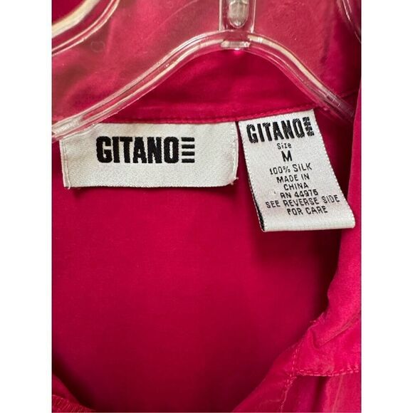Gitano women’s M vintage 90s button up blouse 100% silk hot pink short sleeve - Picture 2 of 6